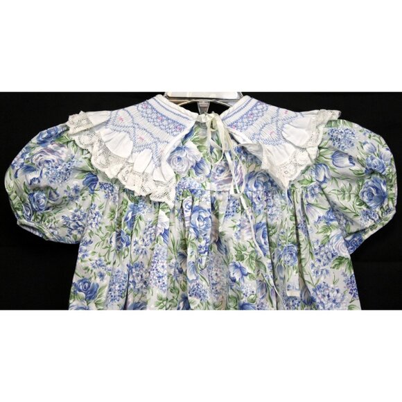 Vtg 90s Tabony Collection Smocked Dress 2T Blue Cabbage Roses Lace Spring Garden - Picture 4 of 9